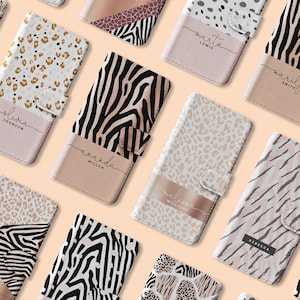 Tirita Capa de carteira com estampa de leopardo personalizada, personalizada, ouro rosa, animal, tigre, chita, para iPhone 16, 15, 14, 13, 12, 11, 8 XR SE, Samsung S20