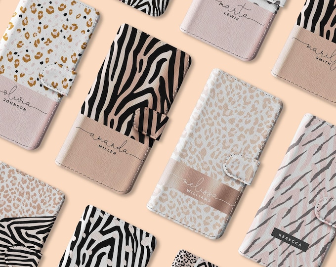 Personalised Leopard Print Wallet Flip Case Rose Gold Animal Tiger Cheetah for iPhone 17 17e 16 15 14 13 12 Pro Max Samsung S25 S23 S21