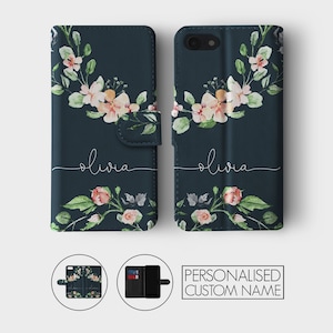 Étui portefeuille personnalisé Tirita, fleurs personnalisées, coeurs dégradés, abeilles, nom monogramme pour iPhone 15 14 13 12 11 8 XR SE Samsung Galaxy 04