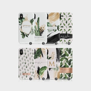 以下が含まれることがあります： 植物デザインの8つの携帯電話ケースのコレクション。ケースは、緑の葉、金のアクセント、パーソナライズされた名前が付いた白い背景が特徴です。デザインには、サボテン、熱帯の葉、抽象的な筆致が含まれます。