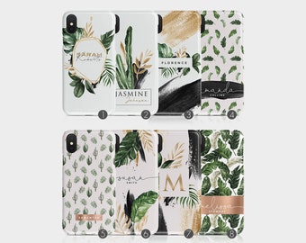 Personalised Initials Custom Hard Phone Case Palm Leaves Plants Exotic Greenery Name for iPhone 15 14 13 12 11 SE 6 8+ Xs Xr Samsung S20 S10