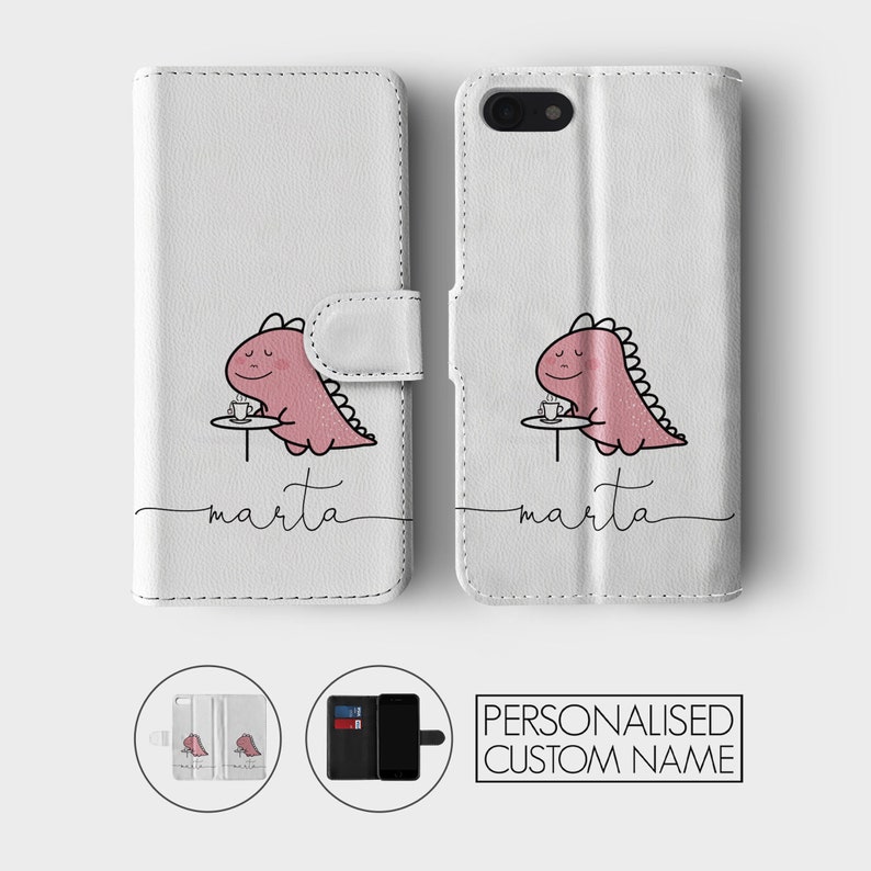 Personalised Initials Custom Wallet Flip Phone Case Kawaii Dinosaurs T-rex Dino Name for iPhone 15 14 13 12 11 5 SE 6s 7 8 Plus Xr Xs Max image 7