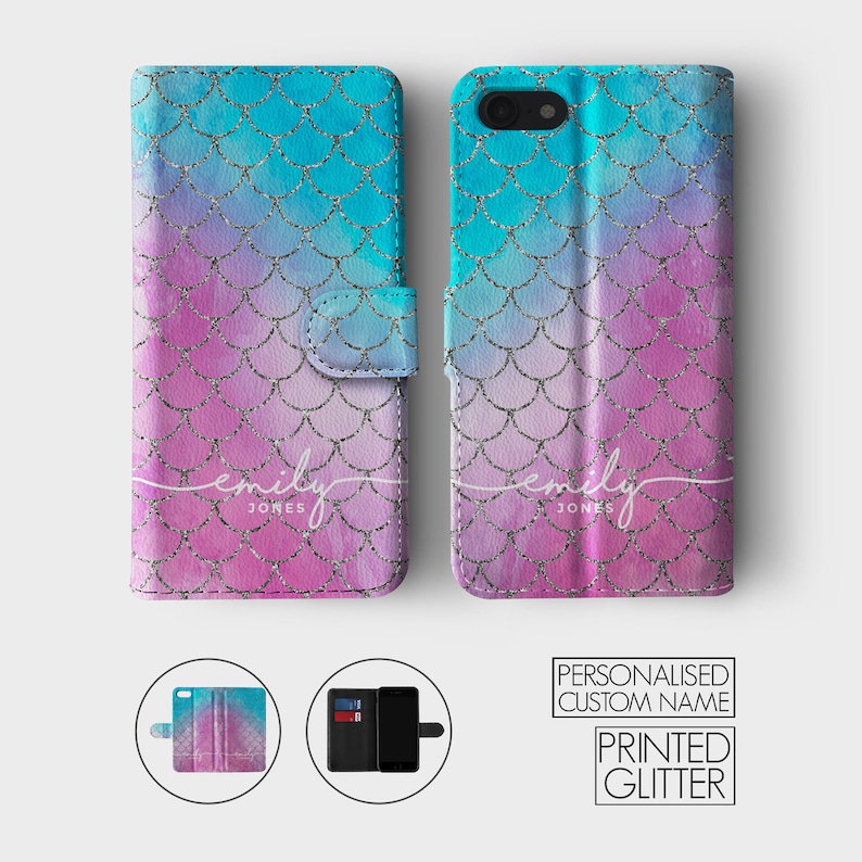 Personalised Initials Custom Wallet Leather Phone Case Mermaid Scales Glitter Sea for iPhone 15 14 13 12 11 5 SE 6 6s 7 8 Plus X Xr Xs Max 01