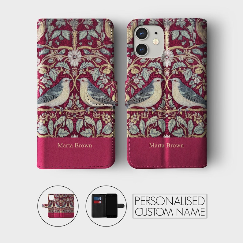 May include: A red phone case with a floral pattern and two birds. The case has a flap that folds over the phone and has a space for a credit card. The case is personalized with the name "Marta Brown".