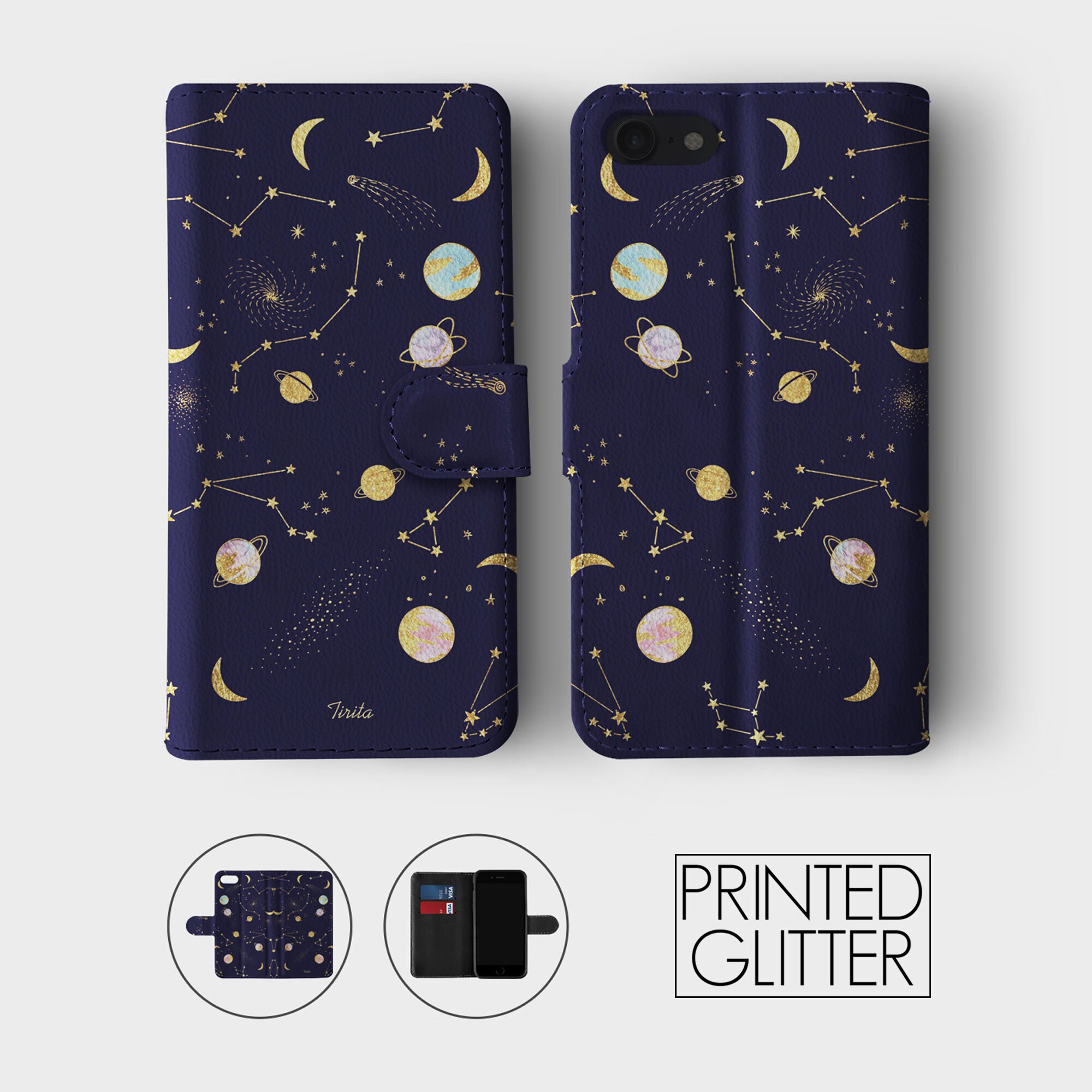 Tirita Wallet Leather Flip Phone Case Celestial Moon Stars