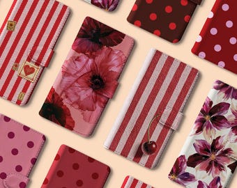 Wallet Phone Case | Iphone 17 Cases | Iphone 16 Pro | Iphone 13 | Iphone 15 | Iphone 14 | Samsung S25 S23 | Floral Red Burgundy Polka Dot