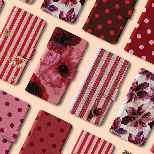 Wallet Phone Case | Iphone 17 Cases | Iphone 16 Pro | Iphone 13 | Iphone 15 | Iphone 14 | Samsung S25 S23 | Floral Red Burgundy Polka Dot