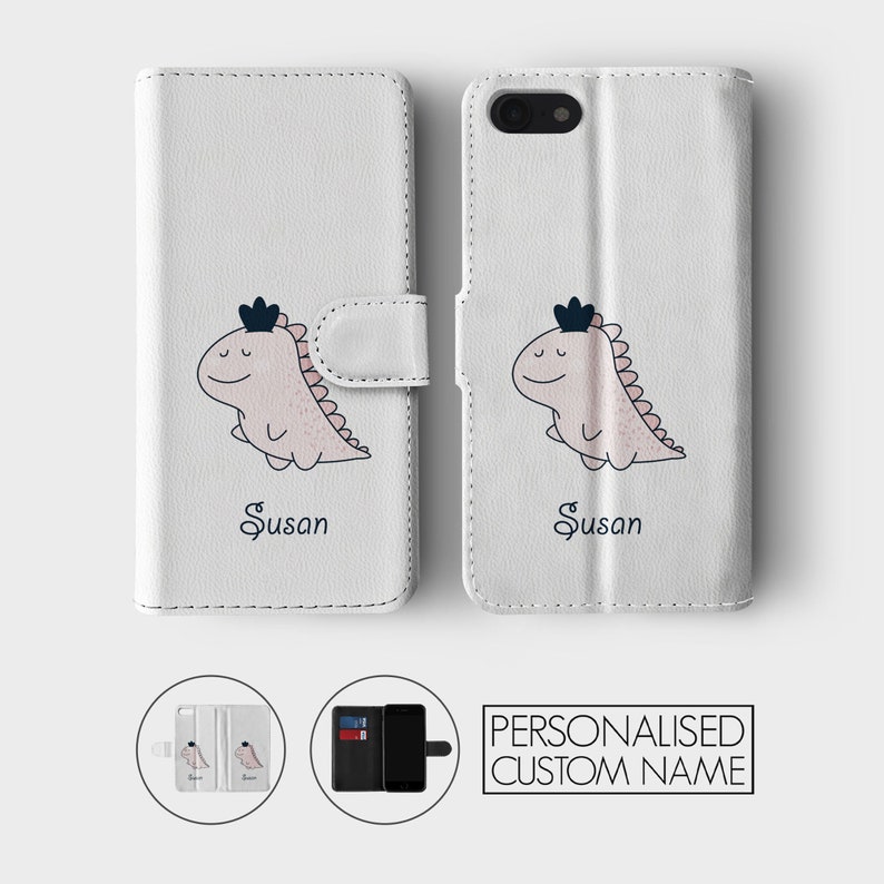 Personalised Initials Custom Wallet Flip Phone Case Kawaii Dinosaurs T-rex Dino Name for iPhone 15 14 13 12 11 5 SE 6s 7 8 Plus Xr Xs Max image 4