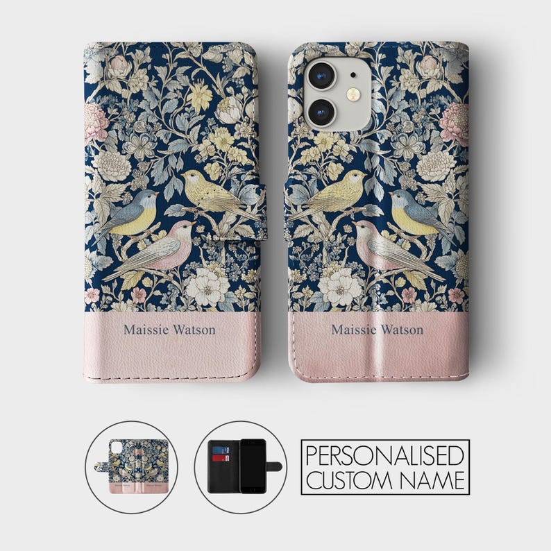 May include: A personalized phone case with a floral pattern and birds. The case is blue and pink with the name Maissie Watson printed on the bottom.