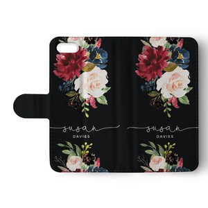 Personalised Custom Wallet Leather Phone Case Floral Black English Roses Gold Initials for iPhone 15 14 13 12 5 SE 6 6s 7 8 Plus X Xr Xs Max image 2