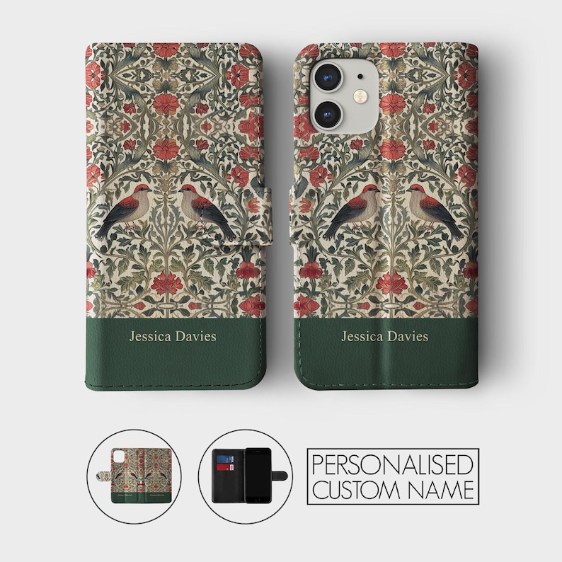 May include: A personalized phone case with a floral pattern and two birds. The case has a green leather flap with the name "Jessica Davies" printed on it.