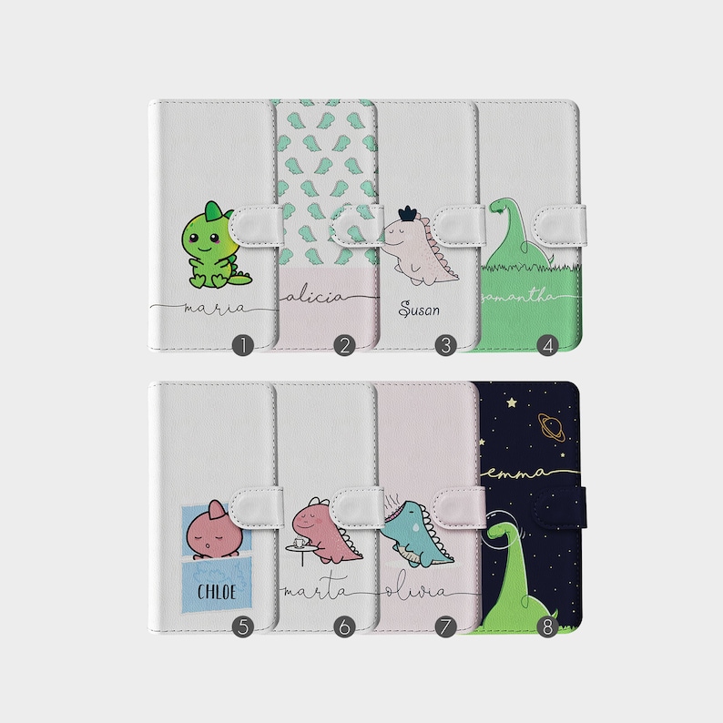 Personalised Initials Custom Wallet Flip Phone Case Kawaii Dinosaurs T-rex Dino Name for iPhone 15 14 13 12 11 5 SE 6s 7 8 Plus Xr Xs Max image 1