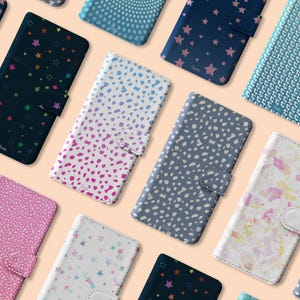 Funda para teléfono con tapa tipo billetera Tirita con estrellas, lunares, círculos abstractos y colores para iPhone 16, 15, 14, 13, 12, 11, 5, SE, 6, 6s, 7 y 8, X, XR, Samsung S20, S10, S9