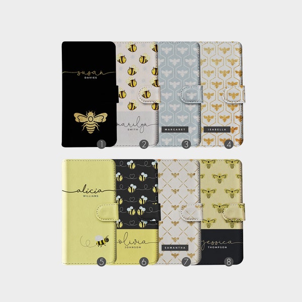 Personalisierte Initialen Benutzerdefinierte Brieftasche Flip Handyhülle Honig Bienen Wabe Hummel für iPhone 15 14 13 12 SE 11 5s 6s 7 8 Plus Xs Xr Samsung