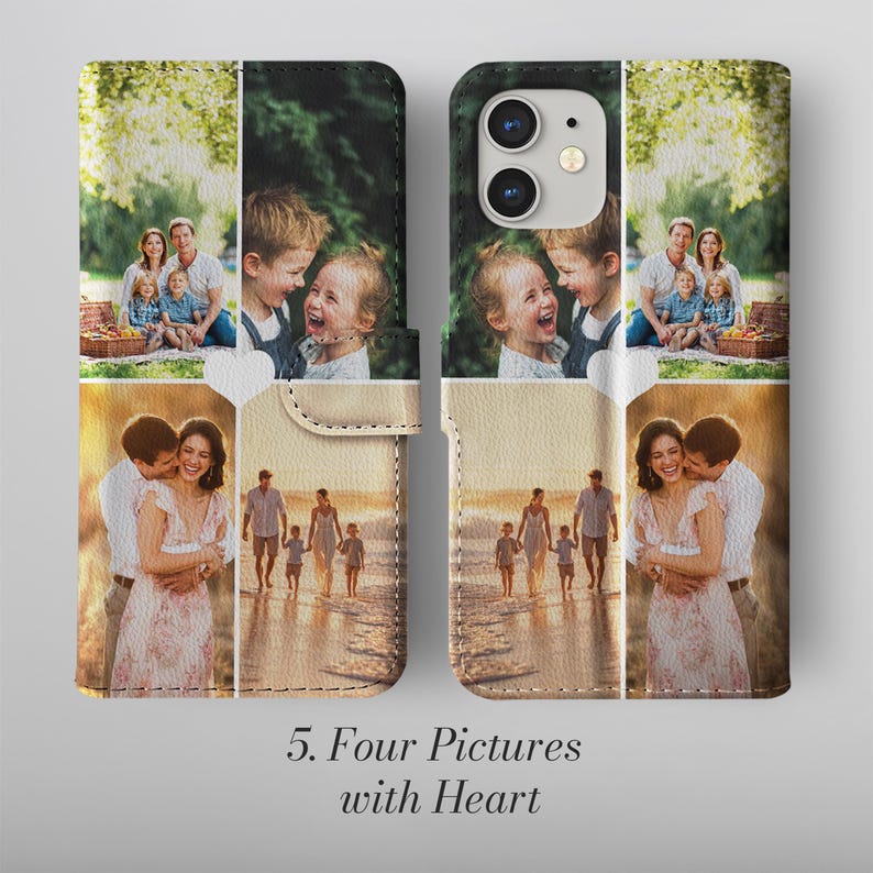 May include: A black leather phone case with a magnetic clasp, displaying four family photographs. The images are arranged in a collage, showing happy families. The text "5. Four Pictures with Heart" is printed at the bottom.