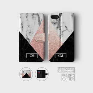 Personalised Initials Custom Wallet Leather Phone Case Rose Gold Marble for iPhone 15 14 13 12 11 5 5s SE 6 6s 7 8 Plus X Xr Xs Max Samsung