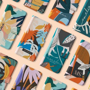 Tirita Capa de carteira personalizada com flip, verão, tropical, botânico, artístico, moderno, arte para iPhone 16, 15, 14, 13, 12, 11 XR SE, Samsung S23, S22