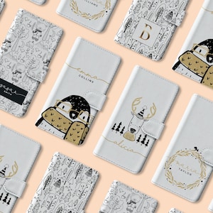Funda de cuero para teléfono con iniciales personalizadas, diseño de pingüino navideño, reno, invierno, para iPhone 16, 15, 14, 13, 12, 11, SE, 6, 7, 8 Plus, Xs Max