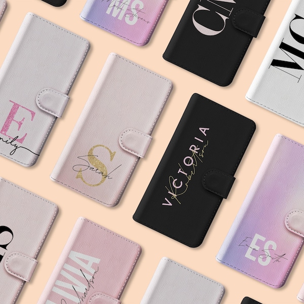 Personalised Initials Custom Wallet Leather Phone Case Ombre Gold Bold Monogram Pink for iPhone 16 15 14 13 12 11 SE XS Max Samsung S23 S22