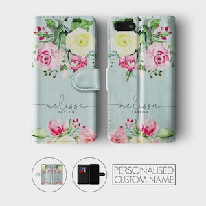 Étui portefeuille personnalisé Tirita, fleurs personnalisées, coeurs dégradés, abeilles, nom monogramme pour iPhone 15 14 13 12 11 8 XR SE Samsung Galaxy 05