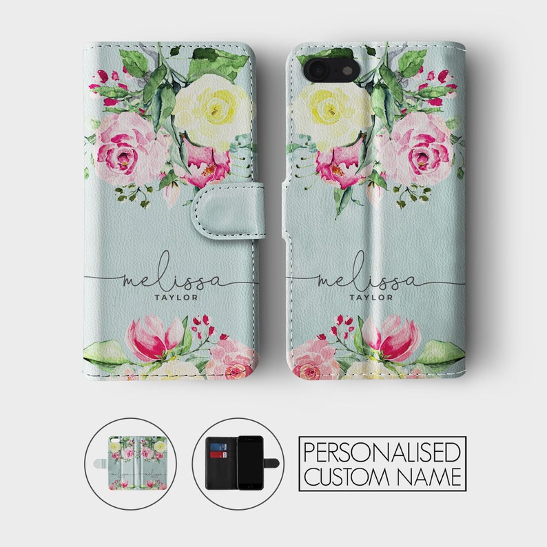 Étui portefeuille personnalisé Tirita, fleurs personnalisées, coeurs dégradés, abeilles, nom monogramme pour iPhone 15 14 13 12 11 8 XR SE Samsung Galaxy 05