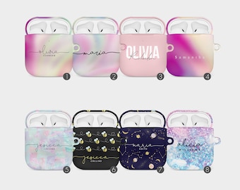 May include: Eight different Airpod cases with various designs and names. The cases are pink, blue, black, and white with different patterns. The names on the cases are Olivia Johnson, Maria, Olivia Richardson, Samantha, Jessica Collins, Jessica Collins, Maria Smith, and Alicia Williams.