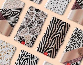 Leopard Print Rose Gold Wallet Flip Phone Case for iPhone 17 16 15 14 13 11 Pro Max Plus & Samsung S25 S23 S22 with Card Holder Tiger Zebra