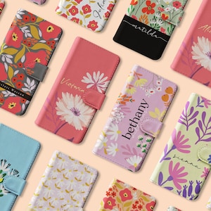 Étui portefeuille personnalisé Tirita pour téléphone portable à rabat floral personnalisé fleurs printanières pastel crayon pour iPhone 16 15 14 13 12 11 SE Samsung Galaxy S20 S10