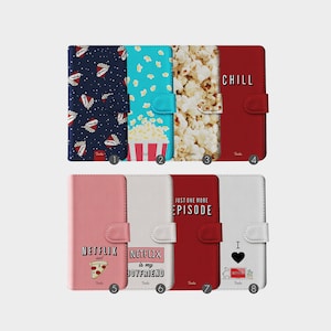 Funda tipo cartera Tirita con tapa para teléfono, con programas de Netflix, palomitas, cine, pizza, para iPhone 16, 15, 14, 13, 12, 11, 5, 5s, SE, 6, 6s, 7, 8 Plus, Xr, Xs Max, Samsung