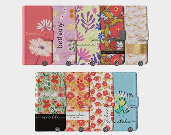 Étui portefeuille personnalisé Tirita pour téléphone portable à rabat floral personnalisé fleurs printanières pastel crayon pour iPhone 15 14 13 12 11 XR SE Samsung Galaxy S20 S10