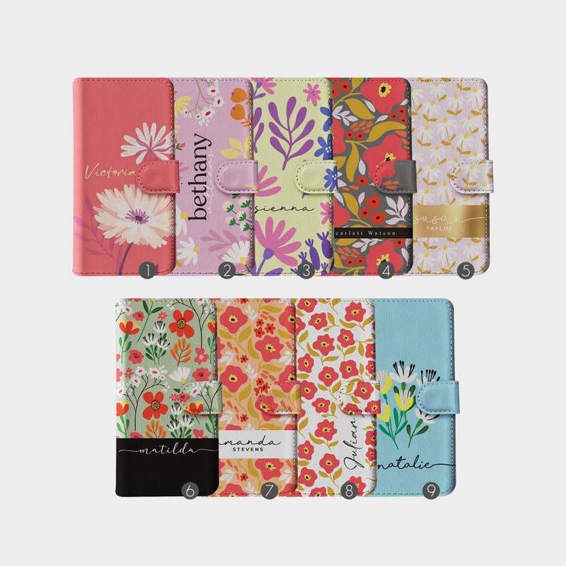 Étui portefeuille personnalisé Tirita pour téléphone portable à rabat floral personnalisé fleurs printanières pastel crayon pour iPhone 15 14 13 12 11 XR SE Samsung Galaxy S20 S10 image 1