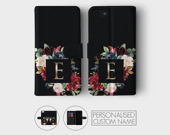 Funda de teléfono de cuero de cartera personalizada, iniciales de oro floral de rosas inglesas negras para iPhone 15 14 13 12 5 SE 6 6s 7 8 Plus X Xr Xs Max