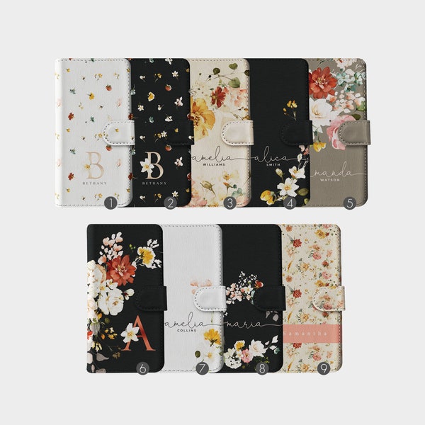 Étui portefeuille personnalisé Tirita avec nom de roses florales esthétiques personnalisées pour iPhone 15 14 13 12 11 6 8 XR SE 2022 Samsung Galaxy