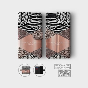 Gepersonaliseerde initialen aangepaste portemonnee lederen telefoonhoesje dier luipaardprint zebra voor iPhone 16 15 14 13 12 11 5 SE XS Max, Samsung S23 S22