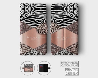 Personalised Initials Custom Wallet Leather Phone Case Animal Leopard Print Zebra for iPhone 16 15 14 13 12 11 5 SE XS Max, Samsung S23 S22