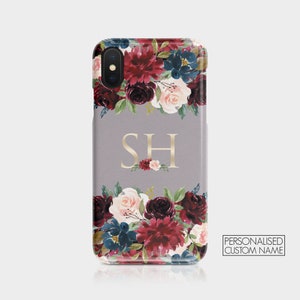 Personalised Initials Custom Hard Phone Case Silver Gray Floral English Roses Shabby Chic for iPhone 12 11 Samsung Galaxy Motorola & HTC