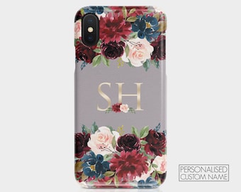 Personalised Initials Custom Hard Phone Case Silver Gray Floral English Roses Shabby Chic for iPhone 12 11 Samsung Galaxy Motorola & HTC