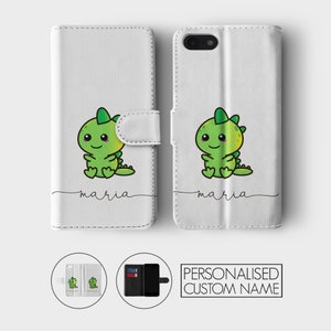 Personalised Initials Custom Wallet Flip Phone Case Kawaii Dinosaurs T-rex Dino Name for iPhone 15 14 13 12 11 5 SE 6s 7 8 Plus Xr Xs Max image 2
