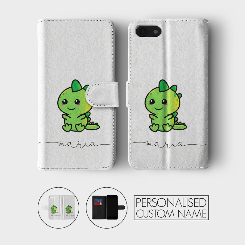 Personalised Initials Custom Wallet Flip Phone Case Kawaii Dinosaurs T-rex Dino Name for iPhone 15 14 13 12 11 5 SE 6s 7 8 Plus Xr Xs Max image 2