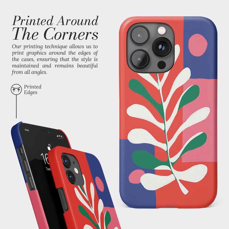 Pu&ograve; includere: Custodie per telefono rosse, blu e rosa con un design a foglie bianche e verdi. Le custodie hanno il testo "Printed Around The Corners". Le custodie sono progettate per stampare grafiche sui bordi.