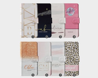 Personalised Initials Custom Wallet Leather Phone Case Gold Ombre Animal Print LInes for iPhone 15 14 13 12 11 6s 7 8 Plus Xr Xs Max Samsung