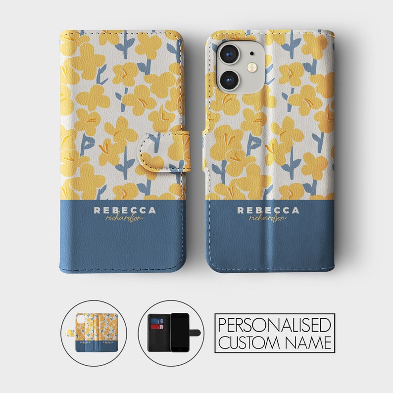 Étui portefeuille personnalisé Tirita à rabat floral personnalisé fleurs rétro modernes pour iPhone 15 14 13 12 11 8 XR SE Samsung Galaxy S20 S10 S9 08- Yellow Meadow