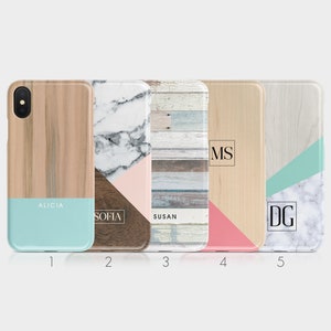 Personalised Initials Custom Hard Phone Case Wood Texture Marble Granite Woodgrain Name iPhone 12 5 5s SE 6 6s 7&8 + X Xs Samsung Motorola
