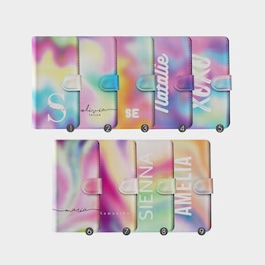 Capa tipo carteira personalizada Tirita com padrão holográfico e redemoinho colorido pastel para iPhone 16, 15, 14, 13, 12, 11 XS, 7, 8, 10 SE, Samsung Galaxy