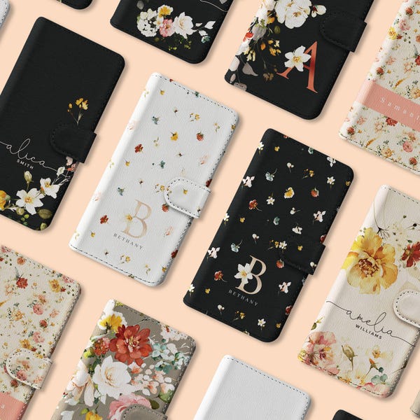 Tirita Personalised Wallet Flip Case Custom Aesthetic Vintage Floral Roses Name for iPhone 17 16 16e 15 14 13 12 11 Samsung S23 S22 S21 S25