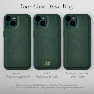 May include: Three green leather phone cases with different personalization options. The first case is standard, the second case has gold embossed initials "AS", and the third case has embossed initials "AS" without gold.