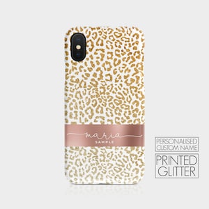Gepersonaliseerde aangepaste harde telefoonhoes dierenprint luipaard metallic glittereffect initialen naam voor iPhone 12 Samsung Galaxy Motorola en HTC