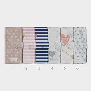 Personalised Initials Custom Wallet Flip Phone Case Polka Hearts Striped Name for iPhone 15 14 13 12 11 SE 8 Xs Max Samsung Galaxy S20