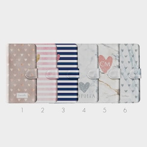 Personalisierte Initialen Custom Brieftasche Flip Handyhülle Polka Herzen Gestreift Name für iPhone 16 15 14 13 12 11 SE 8 Xs Max Samsung S23 S22 S20