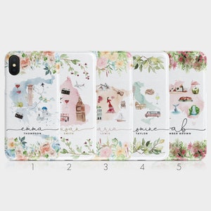 May include: Five phone cases with watercolor floral designs and travel-themed illustrations. Each case features a different city and a name at the bottom. The names are Emma Thompson, Susan Smith, Aria Lewis, Jasmine Taylor, and Abmber Brown.